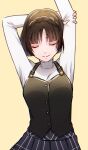  1girl arms_up braid brown_hair buttons closed_eyes closed_mouth crown_braid dot_nose eyelashes highres kureha_jhsh niijima_makoto persona persona_5 short_hair simple_background smile solo suspenders sweater turtleneck turtleneck_sweater white_sweater yellow_background 