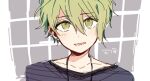  1boy 4_(nakajima4423) amami_rantaro blue_shirt character_name collarbone commentary_request danganronpa_(series) danganronpa_v3:_killing_harmony ear_piercing eyelashes green_eyes green_hair grey_background hair_between_eyes jewelry looking_at_viewer male_focus open_mouth pendant piercing shirt short_hair simple_background sketch smile solo striped_clothes striped_shirt two-tone_background upper_body white_background 