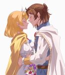  1boy 1girl blonde_hair brown_hair cape circlet closed_eyes closed_mouth commentary commission couple english_commentary fire_emblem fire_emblem:_thracia_776 highres hug leif_(fire_emblem) mazelwi medium_hair nanna_(fire_emblem) second-party_source short_hair simple_background smile white_background white_cape yellow_cape 