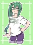  .live 1girl arm_at_side bamboo_print blush closed_mouth cropped_legs denim denim_shorts english_text glasses green_background green_eyes green_hair hand_on_own_hip highres inset_border kagura_suzu_(.live) long_hair looking_at_viewer magari_(c0rn3r) outline outside_border print_shirt purple_shorts shirt short_sleeves shorts shorts_rolled_up side_ponytail simple_background solo t-shirt text_print virtual_youtuber white_outline white_shirt 