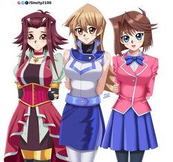  3girls arms_behind_back blonde_hair blue_eyes blue_skirt brown_hair duel_academy_uniform_(yu-gi-oh!_gx) happy izayoi_aki mazaki_anzu orange_eyes polygon red_dress red_hair school_uniform sincity2100 tenjouin_asuka turtleneck yellow_eyes yuu-gi-ou yuu-gi-ou_5d's yuu-gi-ou_duel_monsters yuu-gi-ou_gx 