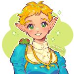  1girl animal_on_shoulder blonde_hair frog green_eyes grin highres inioli looking_at_viewer pixie_cut pointy_ears princess_zelda prototype_design short_hair smile solo the_legend_of_zelda the_legend_of_zelda:_tears_of_the_kingdom upper_body very_short_hair 