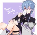  1boy absurdres black_shirt blue_hair braid bright_pupils card closed_mouth commentary_request cross cross_earrings crossed_bangs dated diamond_facial_mark earrings feet_out_of_frame grey_jacket grey_shorts hair_between_eyes happy_birthday heart highres holding holding_card jacket jacket_partially_removed jewelry kazamine_(lenkontips) long_bangs long_hair looking_at_viewer mahjong_soul male_focus multiple_rings necktie playing_card purple_necktie ring ryan_(mahjong_soul) shirt shorts side_braid single_braid smile solo two-tone_necktie violet_eyes white_pupils 