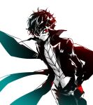  1boy absurdres amamiya_ren black_coat black_hair black_pants closed_mouth coat eye_mask gloves greyscale hands_in_pockets highres long_sleeves looking_at_viewer male_focus mask messy_hair monochrome pants persona persona_5 red_eyes red_gloves shimogu solo spot_color white_background 