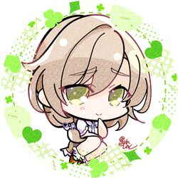  1girl brown_hair chibi closed_mouth commentary_request eyes_visible_through_hair green_eyes hair_between_eyes hand_up hinocchio_bkrk light_blush long_hair looking_at_viewer low-tied_long_hair mikuni_sairi raised_eyebrows shirt short_sleeves signature simple_background sitting smile solo split_mouth tenshi_souzou_re-boot! thick_eyebrows white_background white_shirt yokozuwari 