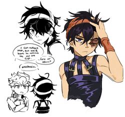  1boy artist_name black_hair black_tank_top closed_mouth deformed deviidog0 english_commentary english_text hairband hand_in_own_hair hand_on_own_head highres jojo_no_kimyou_na_bouken looking_at_viewer narancia_ghirga one_eye_closed orange_hairband scar scar_across_eye short_hair speech_bubble tank_top twitter_username vento_aureo violet_eyes 