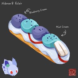  artist_logo artist_name character-themed_food character_name cream eclair_(food) food food_focus food_name grey_background highres nidoran nidoran_(female) no_humans pastry pokemon simple_background yuki00yo 