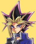  1boy black_choker black_hair blonde_hair blue_jacket blue_shirt chain choker collarbone highres jacket looking_at_viewer male_focus multicolored_hair open_clothes open_jacket portrait purple_hair shiroi_1108 shirt smile solo twitter_username violet_eyes yami_yugi yellow_background yu-gi-oh! yu-gi-oh!_duel_monsters 