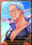  1boy absurdres beard_stubble benn_beckman black_shirt blue_sky cape character_name cigarette dated day earrings english_text facial_hair grey_eyes grey_hair hair_slicked_back happy_birthday highres jewelry long_hair looking_at_viewer male_focus momoh_jiyucho one_piece outside_border purple_cape red_ribbon ribbon scar scar_on_face shirt short_sleeves signature sky smoking solo stubble upper_body 