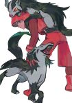  1boy bent_over bodysuit boots fake_horns gloves grey_eyes highres hood hood_up hooded_vest hoodie horns looking_back male_focus maumaujanken mightyena parted_lips petting pokemon pokemon_(creature) pokemon_on_back pokemon_oras ribbed_bodysuit smile team_magma team_magma_grunt team_magma_uniform vest white_background 