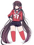  1girl alternate_costume blunt_bangs brown_hair danganronpa_(series) danganronpa_v3:_killing_harmony hair_ornament hair_scrunchie harukawa_maki highres long_hair long_sleeves looking_at_viewer low_twintails mole mole_under_eye plaid plaid_shorts pleated_skirt red_eyes red_scrunchie red_shirt sailor_collar satori_(aosky9077) school_uniform scrunchie shirt shorts skirt solo twintails 