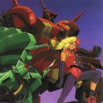  1990s_(style) 1girl boots breasts cable chara_soon commentary cover dvd_cover english_commentary gundam gundam_zz hamma_hamma highres key_visual kitazume_hiroyuki long_hair mecha mobile_suit multicolored_hair neo_zeon official_art one-eyed promotional_art r-jarja retro_artstyle robot scan science_fiction spiky_hair traditional_media uniform vest 
