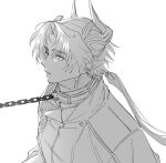  1boy animal_collar arknights chain chain_leash chong_yue_(arknights) collar commentary_request dragon_boy dragon_horns earrings greyscale highres horns jewelry korean_commentary leash leash_pull long_hair looking_at_viewer low_ponytail male_focus monochrome nills parted_lips pointy_ears simple_background solo upper_body white_background 