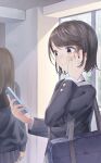  12_graka 2girls absurdres bag black_hair black_shirt brown_eyes day grey_skirt hand_in_own_hair highres holding holding_phone indoors long_sleeves multiple_girls original phone school_bag school_uniform shirt skirt solo_focus uniform window 