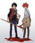  2boys axe bag black_eyes black_hair blood blood_on_clothes blood_on_weapon clothes_around_waist collared_shirt full_body holding holding_axe holding_polearm holding_strap holding_weapon hood hooded_vest hoodie jacket jacket_around_waist kyle_broflovski long_sleeves male_focus multiple_boys orange_hair pants parted_lips polearm pool_of_blood shirt shoes short_hair sneakers south_park spear stan_marsh ten_(lu2948d) vest weapon 
