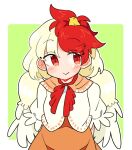  1girl animal animal_on_head bird bird_on_head bird_wings blonde_hair blush chick closed_mouth dress feathered_wings ini_(inunabe00) looking_at_viewer multicolored_hair niwatari_kutaka on_head orange_dress red_eyes redhead shirt short_hair short_sleeves smile solo touhou two-tone_hair upper_body white_shirt wings yellow_wings 