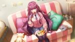  1girl bento black_thighhighs blunt_bangs blurry book bottle cardigan chopsticks collared_shirt commentary couch depth_of_field eating english_commentary eta_(kage_no_jitsuryokusha_ni_naritakute!) feet_out_of_frame food food_in_mouth grey_skirt hair_intakes highres holding holding_bento holding_chopsticks indoors kage_no_jitsuryokusha_ni_naritakute! knees_together_feet_apart lettuce long_hair long_sleeves looking_at_viewer messy_hair miniskirt necktie official_alternate_costume official_art omelet on_couch open_book photo_(object) pillow pink_cardigan pleated_skirt purple_hair purple_necktie rice sausage school_uniform second-party_source shirt sidelocks sitting skirt solo stuffed_animal stuffed_toy tamagoyaki teddy_bear thigh-highs violet_eyes water_bottle white_shirt 