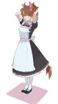  1girl absurdres ahoge alternate_costume animal_ears apron arms_behind_back black_dress black_footwear brown_eyes brown_hair dantsu_flame_(umamusume) dress ear_covers enmaided frilled_apron frills full_body grey_hairband hair_ribbon hairband highres horse_ears horse_girl horse_tail looking_at_viewer maid maid_apron mary_janes medium_hair multicolored_hair pink_ribbon ponytail puffy_short_sleeves puffy_sleeves ribbon sanche_(3che3) shoes short_sleeves simple_background solo tail umamusume waist_apron white_apron white_background 