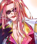  1girl absurdres artist_name cigarette coat coat_on_shoulders daikon_illustrations epaulettes highres hina_(one_piece) holding long_hair looking_at_viewer mixed-language_commentary one_eye_closed one_piece pink_hair purple-tinted_eyewear red_lips shirt smoke solo sunglasses tinted_eyewear upper_body white_coat yellow_shirt 