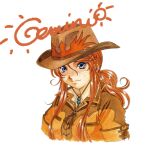  1girl beads blue_eyes breast_pocket brown_collar brown_sleeves character_name chin collar collarbone cowboy_hat cowboy_western cursive drawing_(object) english_text freckles gemini_sunrise hair_between_eyes hat highres long_hair looking_at_viewer matsubara_hidenori nose official_art parted_lips pocket ponytail redhead sakura_taisen sakura_taisen_v sidelocks signature simple_background solo solo_focus sun third-party_source traditional_media wavy_hair white_background 