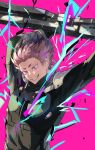  1boy absurdres armor arms_up black_hair gas_mask grin he_cco highres holding holding_weapon kaijuu_no._8 male_focus mask mask_around_neck multicolored_hair narumi_gen pink_background pink_eyes pink_hair smile solo streaked_hair upper_body weapon 