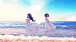  2girls 456 bare_shoulders beach black_hair closed_mouth clouds commentary_request day denonbu dress from_side full_body hand_on_own_arm highres long_hair multiple_girls ocean official_art outdoors profile seto_mitsuki_(denonbu) shinonome_kazune short_hair sky sleeveless sleeveless_dress standing sundress water waves white_dress wind 