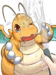  1boy absurdres antennae artist_name brown_eyes colored_skin dragonite fang highres holding holding_hose hose open_mouth orange_skin pokemon pokemon_(creature) pov pov_hands simple_background solo_focus warazi_pkmn water wet white_background wings 