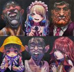  3boys 3girls backpack bag beard_stubble black_background black_hair blonde_hair blue_eyes blue_hair blush collared_shirt commentary_request crooked_teeth dress earrings facial_hair glasses gradient_hair grin hat jewelry jonpei lips long_hair maid maid_headdress multicolored_hair multiple_boys multiple_girls necktie nervous_smile open_mouth original randoseru redhead school_hat shirt smile stubble sweat teeth twintails two-tone_hair ugly_man vest yellow_eyes 