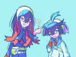  1boy 1girl artist_name black_hair blue_background blue_jacket brother_and_sister carmine_(pokemon) colored_inner_hair commentary crossed_bangs fanny_pack finger_heart gloves hair_between_eyes hairband heart jacket kieran_(pokemon) long_sleeves looking_at_viewer mole mole_on_neck multicolored_hair open_mouth partially_fingerless_gloves pokemon pokemon_sv purple_hair red_gloves redhead shiro_(46isou) siblings single_glove smile symbol-only_commentary upper_body white_jacket yellow_eyes yellow_hairband 