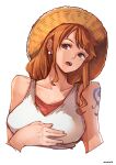  1girl aosora2823 arm_tattoo artist_name blush breasts brown_eyes commentary cropped_torso earrings eyelashes hand_on_own_chest hat highres jewelry large_breasts long_hair looking_to_the_side nami_(one_piece) one_piece open_mouth orange_hair romaji_text simple_background sleeveless solo straw_hat tank_top tattoo upper_body white_background white_tank_top 