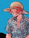  1boy ^_^ abunaideka black_pants blue_background blush checkered_clothes checkered_shirt closed_eyes collared_shirt commentary_request hat highres male_focus one_piece pants redhead shanks_(one_piece) shirt short_hair simple_background smile solo straw_hat upper_body 
