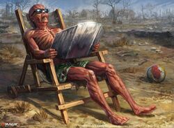  1boy absurdres bald ball bare_tree beachball black-framed_eyewear deck_chair english_text fallout_(series) ghoul_(fallout) green_shorts highres holding holding_mirror javier_charro logo magic:_the_gathering mirror outdoors shorts sitting solo sunbathing sunglasses tree zombie 