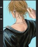  1boy black_shirt blonde_hair blue_background collared_shirt earrings from_above from_behind hand_in_own_hair highres isaya_0987 jewelry looking_ahead male_focus medium_hair necklace original shirt short_ponytail shoulder_peek simple_background single_earring solo untying_hair 