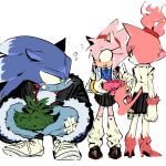  1boy 2girls absurdres amy_rose animal_ears blaze_the_cat blue_fur burning_blaze cat_ears cat_girl cat_tail diamondx1704 fang furry furry_female furry_male gloves green_eyes highres leg_warmers multiple_girls open_mouth pink_fur pleated_skirt red_eyes school_uniform simple_background skirt smile sonic_(series) sonic_the_hedgehog sonic_the_werehog squatting super_amy_rose tail white_background white_gloves 