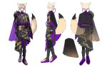  1boy :d animal_ears asymmetrical_sleeves black_cape black_footwear black_gloves black_kimono black_pants blonde_hair cape clothing_cutout commentary english_commentary flower fox_ears fox_tail full_body globie gloves japanese_clothes kimono knot komiyama_ambros multiple_views open_mouth pants pleated_kimono purple_flower reference_sheet second-party_source shien_shion smile standing tail tassel violet_eyes virtual_youtuber white_background 