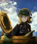  absurdres battle black_gloves blonde_hair blue_eyes blue_sky closed_mouth clouds cloudy_sky cold_ice_(artist) cross germany gloves hat headphones highres historical_event holding holding_map holding_pencil iron_cross jacket looking_to_the_side map military military_hat military_uniform military_vehicle motor_vehicle nazi original pencil reichsadler sky soldier tank tiger_i totenkopf uniform war wehrmacht world_war_ii 