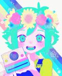  1boy basil_(headspace)_(omori) basil_(omori) blue_overalls blush camera flower green_eyes green_hair green_shirt head_wreath highres holding holding_camera looking_at_viewer omori open_mouth overalls ow12714 shirt short_hair smile solo teeth upper_teeth_only 