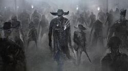  2others blue_pants coat cover cover_page cowboy_hat eye_trail facing_viewer glowing glowing_eye gun hat highres holding holding_gun holding_weapon kohata_(kohatazuke) light_trail multiple_others necktie novel_cover original pants revolver rifle silhouette solo_focus weapon white_necktie 