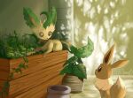  bright_pupils brown_eyes brown_fur eevee flower_pot grass green_fur leaf leafeon looking_at_another lying no_humans plant planter pokemon pokemon_(creature) shemiilayla signature sitting smile two-tone_fur white_pupils wooden_box yellow_fur 