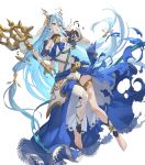  1girl axe azura_(fire_emblem) azura_(song&#039;s_reflection)_(fire_emblem) barefoot black_gloves blue_cape blue_hair blue_sash cape clenched_teeth corrin_(female)_(fire_emblem) corrin_(female)_(fire_emblem)_(cosplay) corrin_(fire_emblem) cosplay damaged dragon_horns fake_horns fingerless_gloves fire_emblem fire_emblem_fates fire_emblem_heroes gloves headdress highres holding holding_axe horns lace-trimmed_cape long_hair non-web_source official_alternate_costume official_art sash single_leg_pantyhose solo teeth thighlet torn_cape torn_clothes very_long_hair waist_cape yellow_eyes 