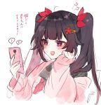  1girl black_hair cardigan cellphone hair_ornament hairclip hand_on_own_face highres holding holding_phone honkai:_star_rail honkai_(series) open_mouth phone pink_cardigan pink_eyes shinoo0915 smartphone sparkle_(honkai:_star_rail) twintails white_background 