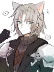  1boy aged_down animal_ears armor black_coat black_gloves black_sweater blush cat cat_ears chest_strap coat commentary_request embarrassed final_fantasy final_fantasy_vii final_fantasy_vii_ever_crisis flying_sweatdrops gloves green_eyes grey_hair hand_up highres kemonomimi_mode light_smile looking_to_the_side male_focus medium_hair open_clothes open_coat parted_bangs pauldrons plamt_cat sephiroth shoulder_armor signature simple_background slit_pupils solo sweater turtleneck turtleneck_sweater upper_body 