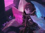  1boy ahoge armor blue_wings breastplate brown_hair brown_wings commentary_request crossed_arms crossed_legs feathered_wings fingerless_gloves flower gloves granblue_fantasy hair_between_eyes hip_armor hood hood_down looking_at_viewer male_focus messy_hair multiple_wings pink_eyes pink_wings pota_(bluegutty) purple_flower sandalphon_(granblue_fantasy) seraph sidelighting sitting solo stairs stone_floor stone_wall white_wings wings 