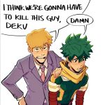 2boys blonde_hair boku_no_hero_academia commentary crossover english_commentary english_text freckles green_eyes green_hair grey_jacket habkart hand_on_another&#039;s_shoulder i_think_we&#039;re_gonna_have_to_kill_this_guy_steven_(meme) jacket long_sleeves looking_at_viewer male_focus meme midoriya_izuku mob_psycho_100 multiple_boys necktie open_mouth reigen_arataka short_hair simple_background speech_bubble suit upper_body white_background 