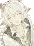 1boy animal_ears arknights blush closed_eyes collared_shirt from_above goat_ears goat_horns horns kreide_(arknights) kuzuvine long_hair looking_at_viewer loose_clothes loose_shirt male_focus open_mouth parted_bangs portrait shirt smile solo vest wavy_hair white_hair white_shirt