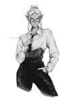  1girl alternate_costume artist_name baldur&#039;s_gate baldur&#039;s_gate_3 bespectacled collared_shirt commentary contemporary corset cowboy_shot cropped_legs dungeons_&amp;_dragons elf english_commentary glasses greyscale hair_bun hand_in_pocket hand_on_own_chest holding_necktie looking_to_the_side minthara monochrome neck_tattoo necktie pants paulina_klime pointy_ears semi-rimless_eyewear shirt short_hair sideways_glance simple_background single_hair_bun solo standing tattoo under-rim_eyewear white_background 
