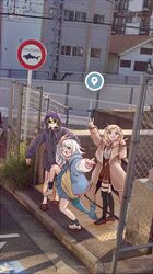  3girls blonde_hair blue_eyes blue_hair chain-link_fence double_v fence fins fish_tail gawr_gura google_maps google_street_view hair_ornament high_school_girls_posing_for_google_street_view_(meme) highres hololive hololive_english hood hoodie instrument_on_back long_sleeves mask meme multicolored_hair multiple_girls necktie ninomae_ina'nis ninomae_ina'nis_(1st_costume) open_mouth overhead_line photo_background raised_curb red_necktie road_sign shark_girl shark_tail shirt short_hair sidewalk sign skirt standing standing_on_one_leg star-shaped_eyewear star_(symbol) streaked_hair sunglasses tactile_paving tail v virtual_youtuber watson_amelia watson_amelia_(1st_costume) white_shirt yuuyu_(777) 