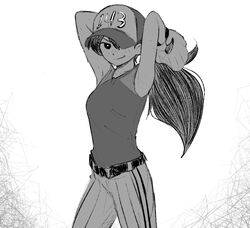  1girl armpits arms_up bare_arms bare_shoulders baseball_cap baseball_mitt belt cabronpr closed_mouth commentary cowboy_shot english_commentary greyscale hat highres long_hair looking_at_viewer mari_(faraway)_(omori) mari_(omori) monochrome official_alternate_hairstyle omori one_eye_covered pants ponytail shirt shirt_tucked_in simple_background sleeveless sleeveless_shirt smug solo striped_clothes striped_pants v-shaped_eyebrows vertical-striped_clothes vertical-striped_pants white_background 