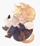  &gt;:) 1boy :3 animal_ears armor black_wings blonde_hair blue_pants blue_shirt blush boots brown_footwear cat_boy cat_ears cat_tail chibi closed_eyes cloud_strife cuntouxiaoyeju earrings final_fantasy final_fantasy_vii final_fantasy_vii_rebirth final_fantasy_vii_remake green_eyes green_scarf highres jewelry long_sleeves male_focus pants scarf shinra_infantry_uniform shirt short_hair shoulder_armor single_earring sleeping solo spiky_hair stuffed_animal stuffed_toy tail v-shaped_eyebrows white_background wings 