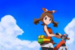  1girl baeming bicycle blue_sky bow brown_hair closed_mouth clouds fanny_pack hair_bow highres looking_at_viewer may_(pokemon) pokemon pokemon_oras red_bow red_shirt shirt shorts sky sleeveless sleeveless_shirt smile solo 